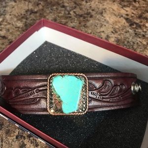 Leather tooled bracelet with turquoise